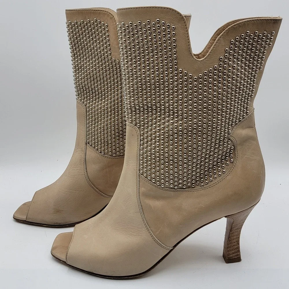 Aquatalia‎ Marvin K Beige Leather Studded Peep Toe Ankle Boots Made in Italy 8